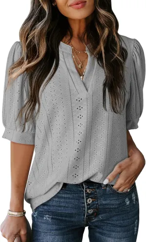 Dokotoo Womens Summer Business Casual Blouses V Neck Short Sleeve Shirts Hollow Out Cute Lace Tops