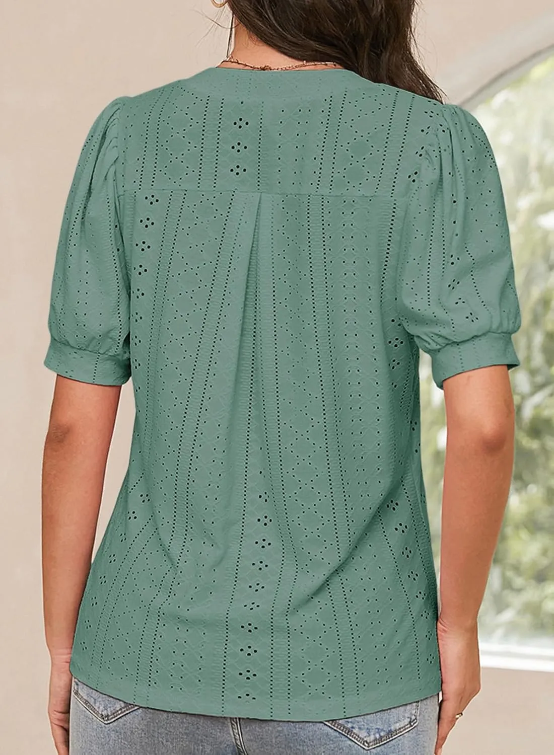 Dokotoo Womens Summer Business Casual Blouses V Neck Short Sleeve Shirts Hollow Out Cute Lace Tops