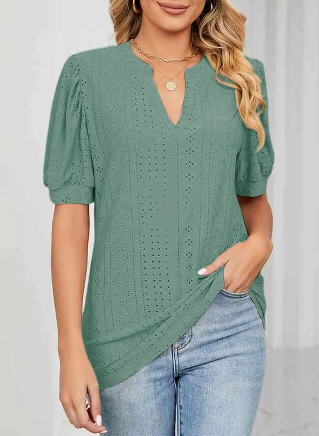 Dokotoo Womens Summer Business Casual Blouses V Neck Short Sleeve Shirts Hollow Out Cute Lace Tops