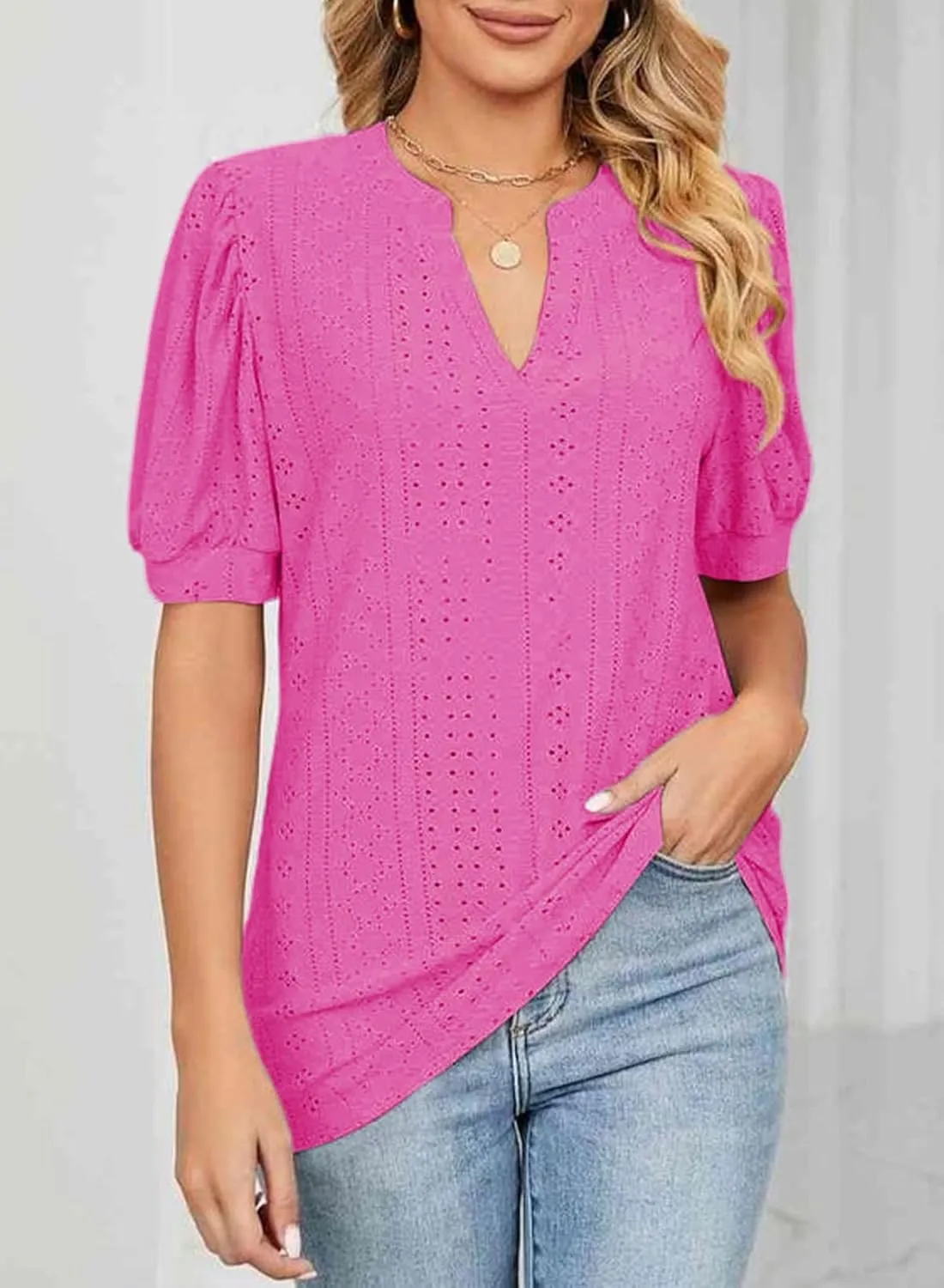 Dokotoo Womens Summer Business Casual Blouses V Neck Short Sleeve Shirts Hollow Out Cute Lace Tops