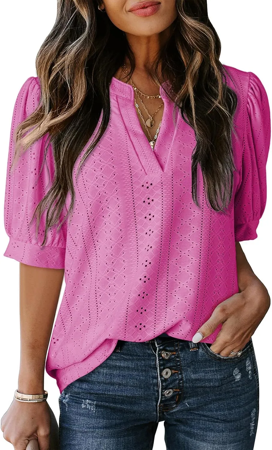 Dokotoo Womens Summer Business Casual Blouses V Neck Short Sleeve Shirts Hollow Out Cute Lace Tops