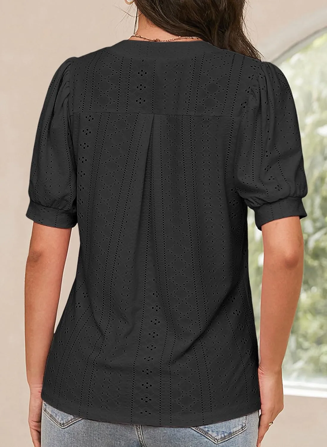 Dokotoo Womens Summer Business Casual Blouses V Neck Short Sleeve Shirts Hollow Out Cute Lace Tops