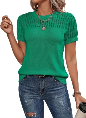 Dokotoo Womens Summer Tops Dressy Casual Crewneck Short Sleeve Shirts Solid Hollow Out Knit Loose Sweater Blouses