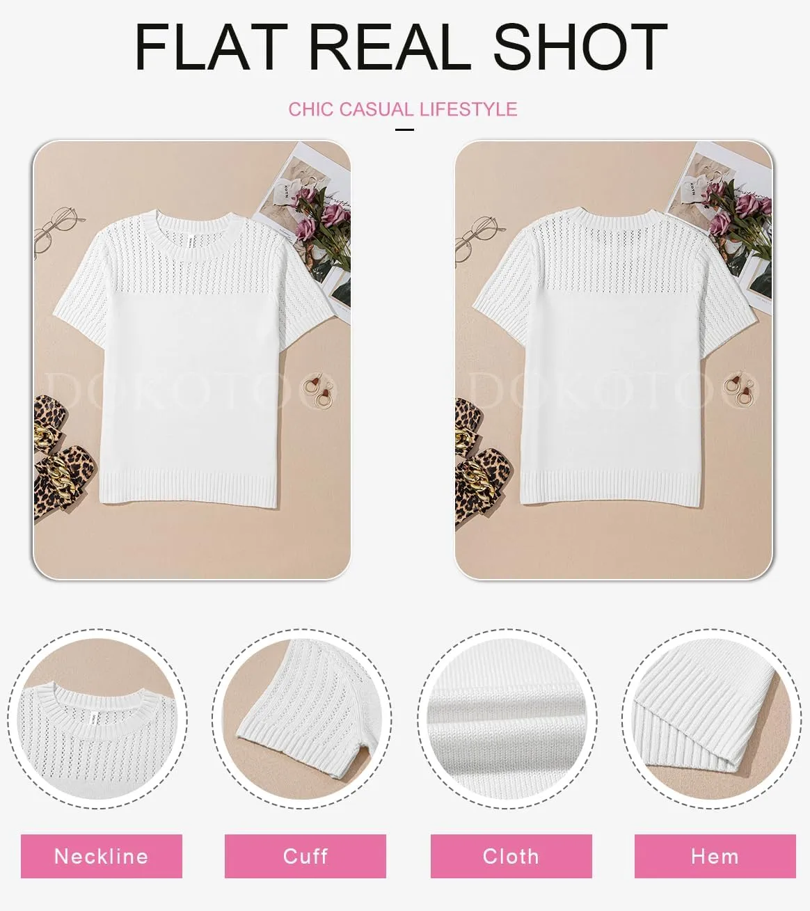 Dokotoo Womens Summer Tops Dressy Casual Crewneck Short Sleeve Shirts Solid Hollow Out Knit Loose Sweater Blouses