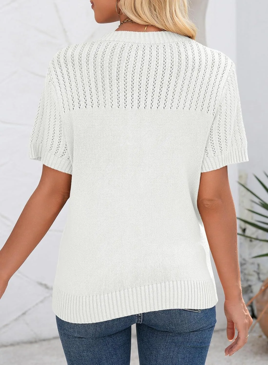 Dokotoo Womens Summer Tops Dressy Casual Crewneck Short Sleeve Shirts Solid Hollow Out Knit Loose Sweater Blouses