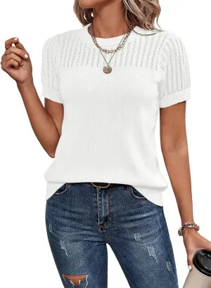 Dokotoo Womens Summer Tops Dressy Casual Crewneck Short Sleeve Shirts Solid Hollow Out Knit Loose Sweater Blouses