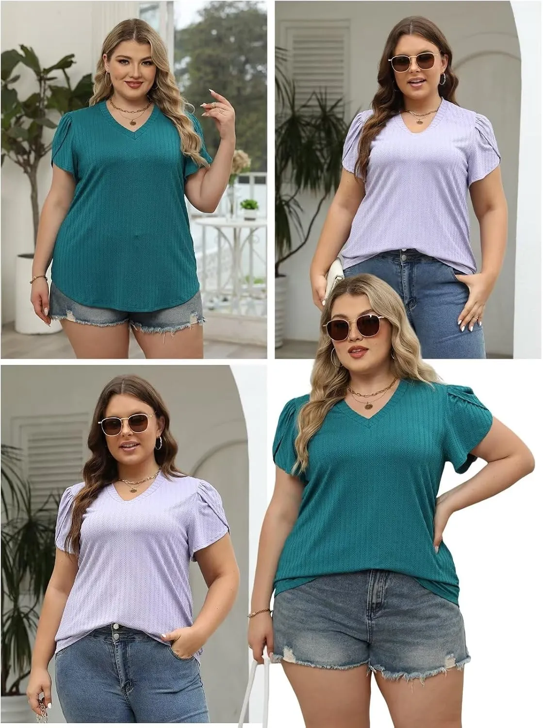 DOLNINE Plus Size Tops for Women Casual Summer V Neck Tees Cute Petal Short Sleeve Shirts