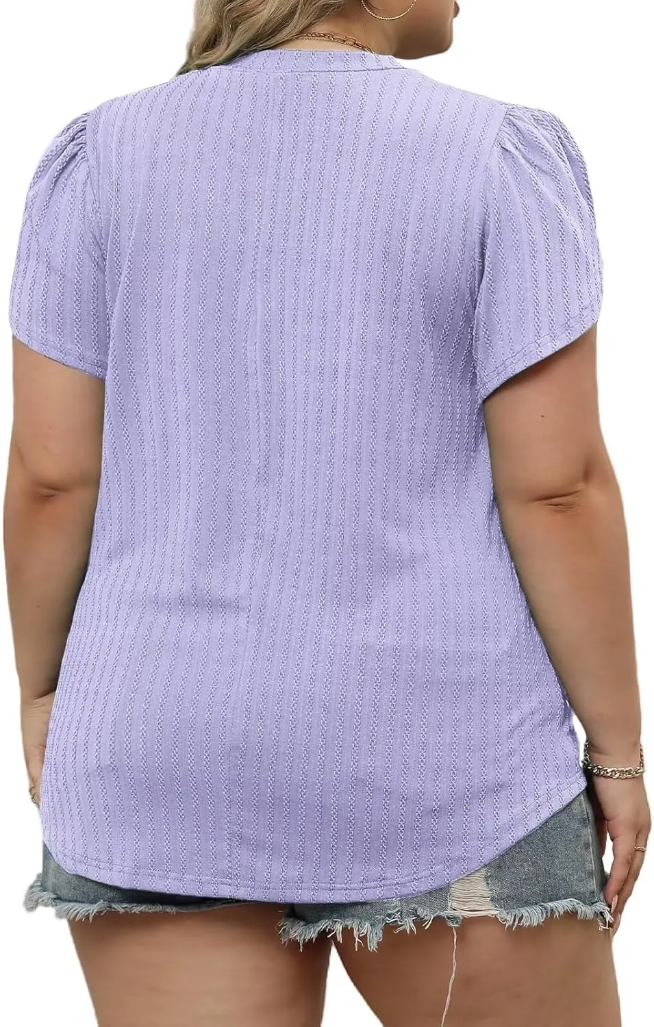 DOLNINE Plus Size Tops for Women Casual Summer V Neck Tees Cute Petal Short Sleeve Shirts