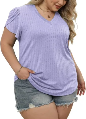 DOLNINE Plus Size Tops for Women Casual Summer V Neck Tees Cute Petal Short Sleeve Shirts