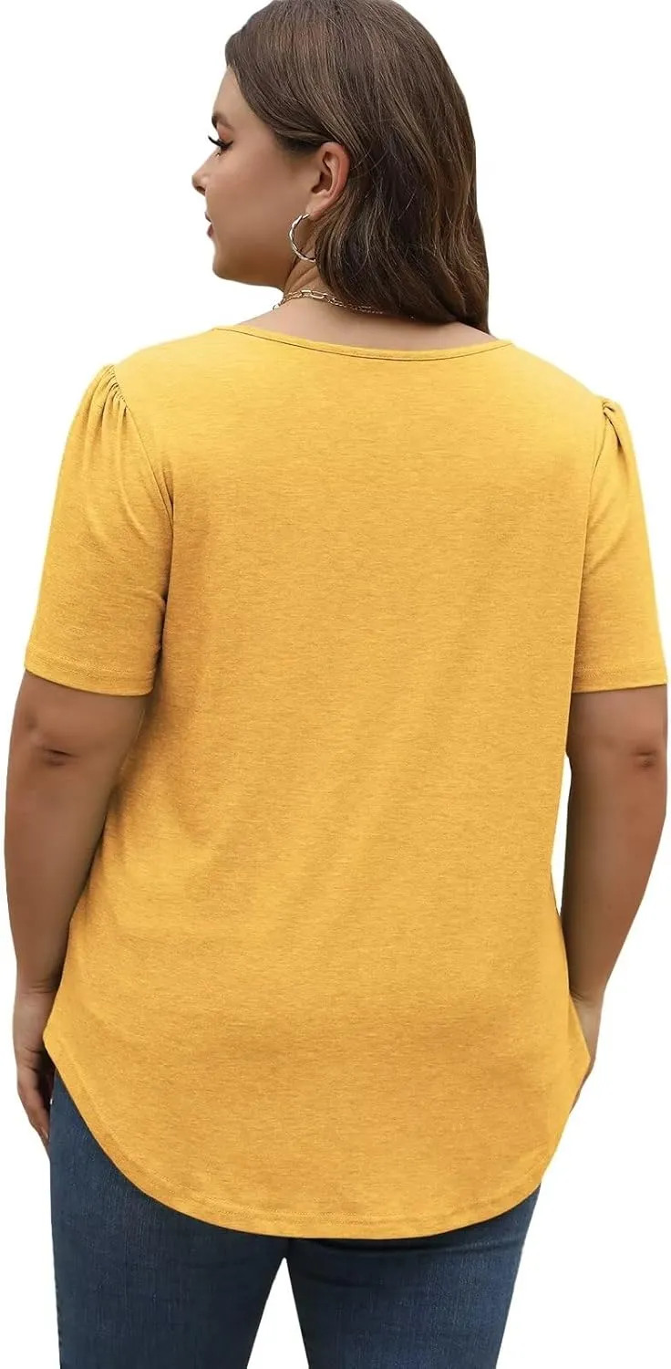 DOLNINE Plus Size Tops for Women Summer Puff Short Sleeve Shirts Casual Pleated Crewneck Tees