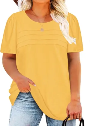 DOLNINE Plus Size Tops for Women Summer Puff Short Sleeve Shirts Casual Pleated Crewneck Tees