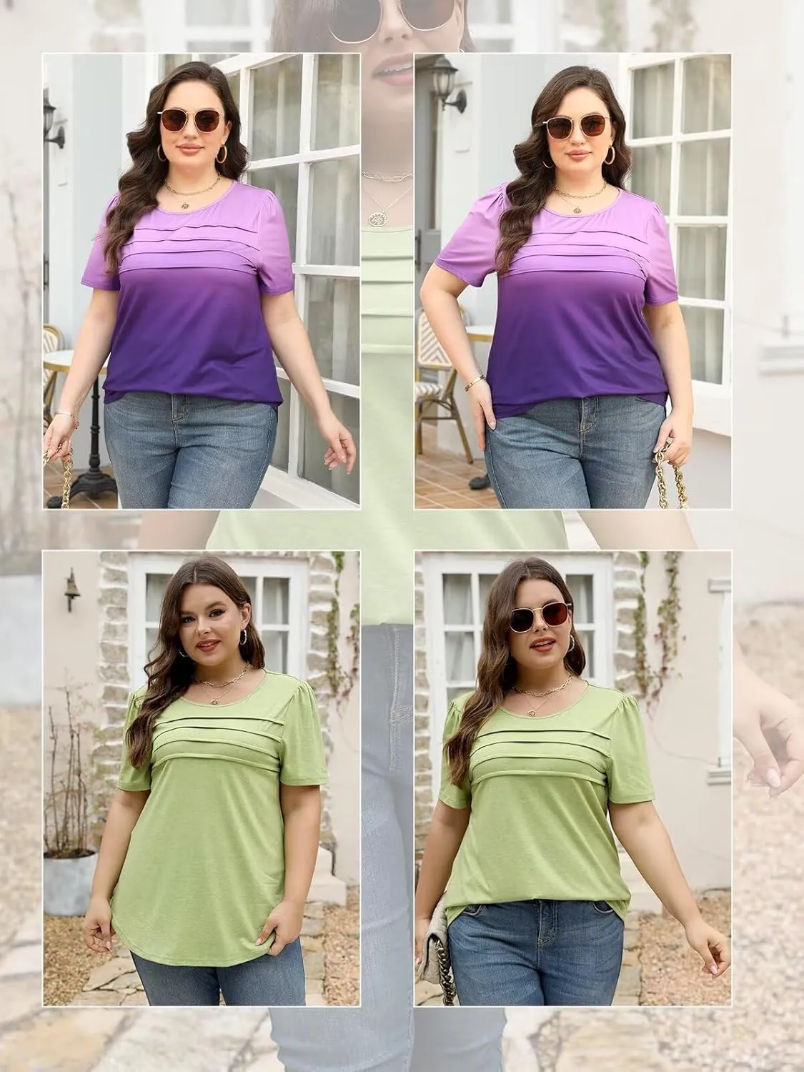 DOLNINE Plus Size Tops for Women Summer Puff Short Sleeve Shirts Casual Pleated Crewneck Tees