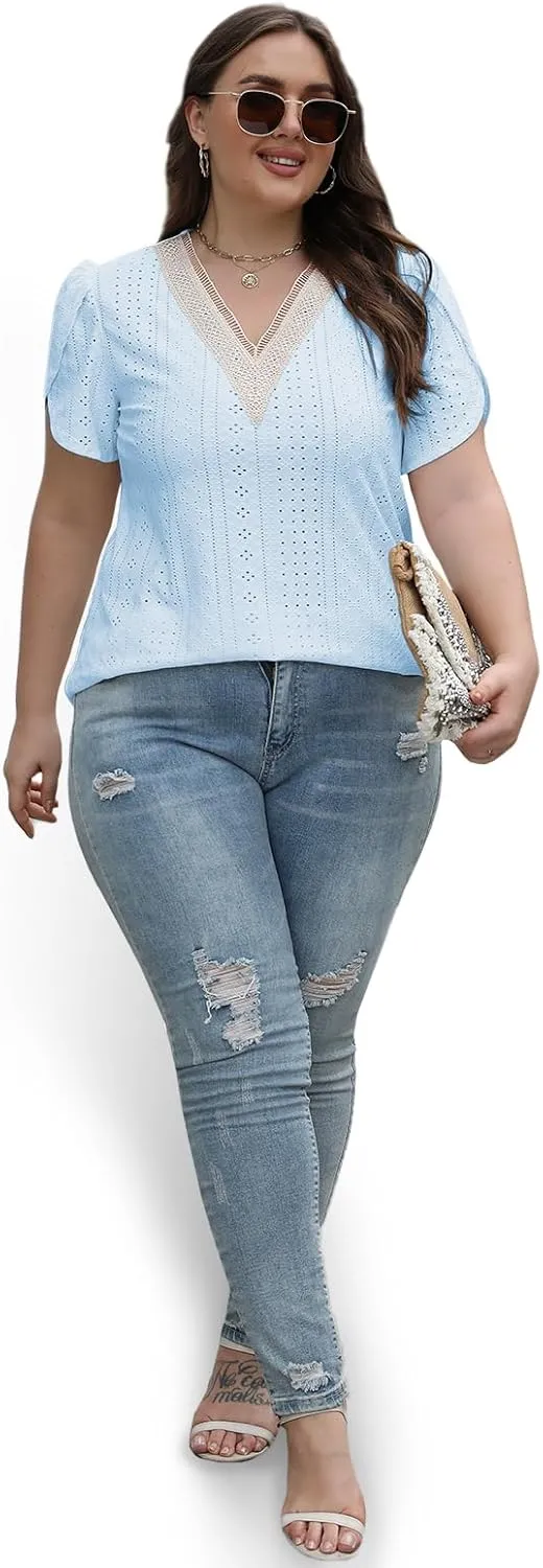 DOLNINE Women Plus Size Tops Summer Petal Short Sleeve Shirts Lace Trim V Neck Tunics Tee