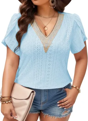 DOLNINE Women Plus Size Tops Summer Petal Short Sleeve Shirts Lace Trim V Neck Tunics Tee