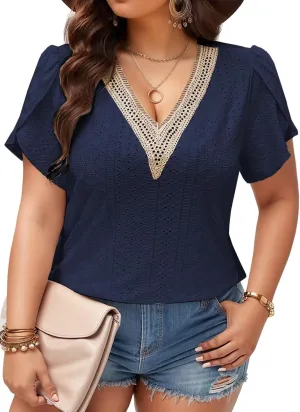 DOLNINE Women Plus Size Tops Summer Petal Short Sleeve Shirts Lace Trim V Neck Tunics Tee