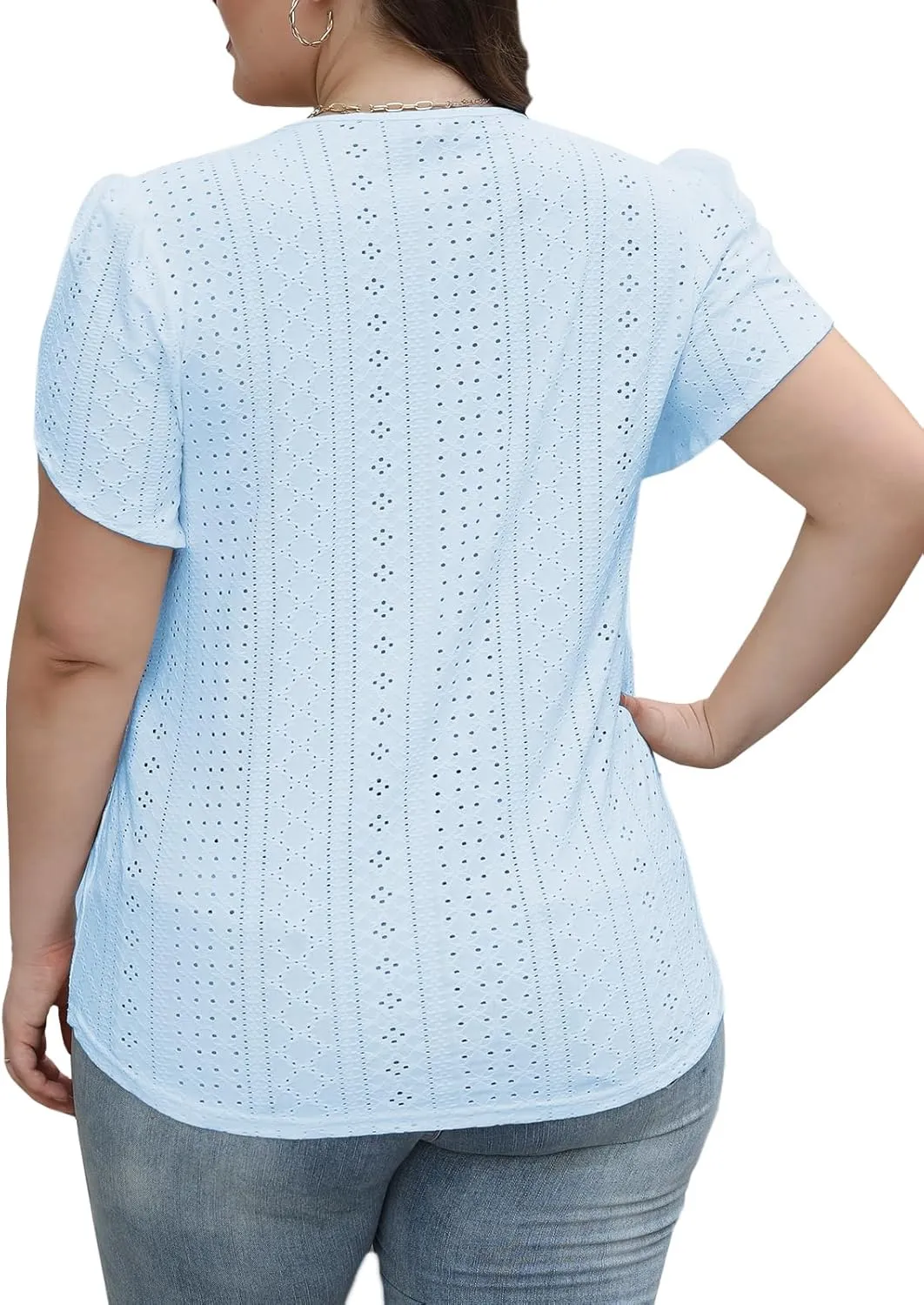 DOLNINE Women Plus Size Tops Summer Petal Short Sleeve Shirts Lace Trim V Neck Tunics Tee