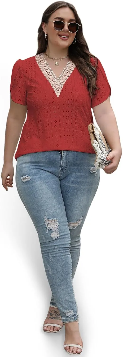 DOLNINE Women Plus Size Tops Summer Petal Short Sleeve Shirts Lace Trim V Neck Tunics Tee