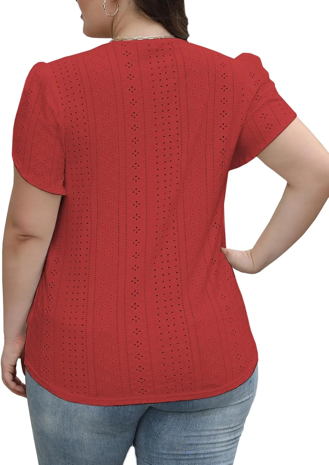 DOLNINE Women Plus Size Tops Summer Petal Short Sleeve Shirts Lace Trim V Neck Tunics Tee