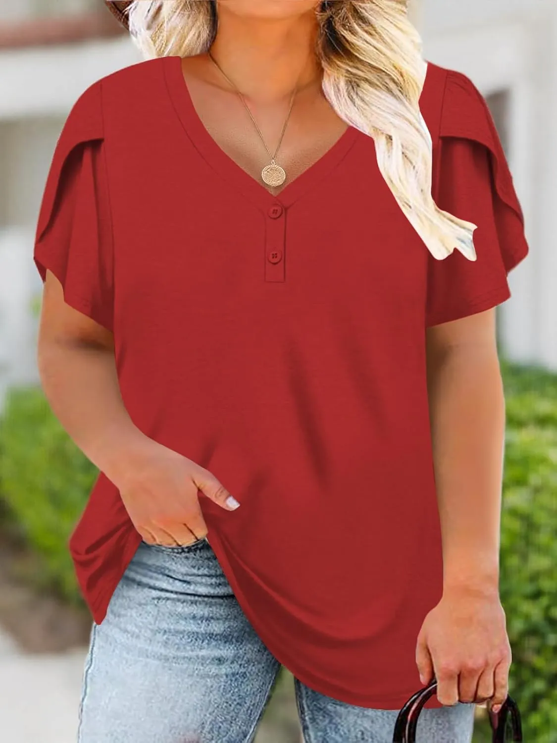 DOLNINE Womens Plus-Size Tops Petal Short Sleeve Shirts Summer Casual V Neck Loose Tee