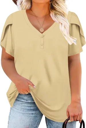 DOLNINE Womens Plus-Size Tops Petal Short Sleeve Shirts Summer Casual V Neck Loose Tee