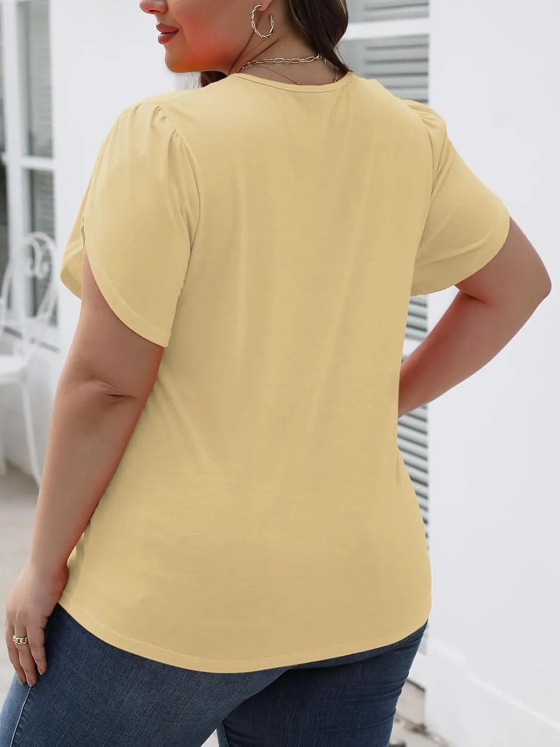 DOLNINE Womens Plus-Size Tops Petal Short Sleeve Shirts Summer Casual V Neck Loose Tee