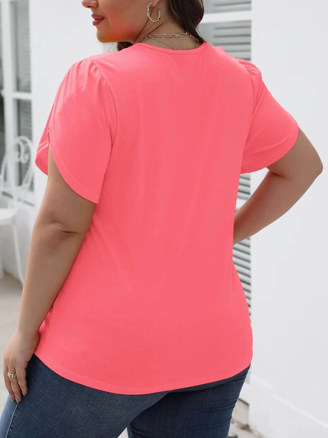 DOLNINE Womens Plus-Size Tops Petal Short Sleeve Shirts Summer Casual V Neck Loose Tee