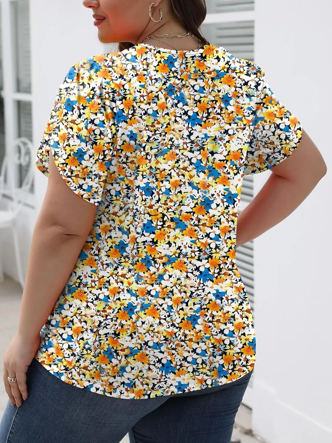 DOLNINE Womens Plus-Size Tops Petal Short Sleeve Shirts Summer Casual V Neck Loose Tee