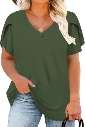 DOLNINE Womens Plus-Size Tops Petal Short Sleeve Shirts Summer Casual V Neck Loose Tee