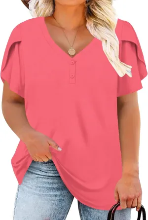 DOLNINE Womens Plus-Size Tops Petal Short Sleeve Shirts Summer Casual V Neck Loose Tee