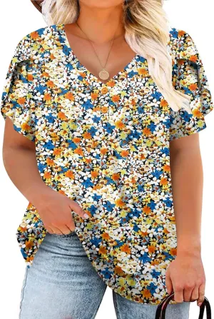 DOLNINE Womens Plus-Size Tops Petal Short Sleeve Shirts Summer Casual V Neck Loose Tee
