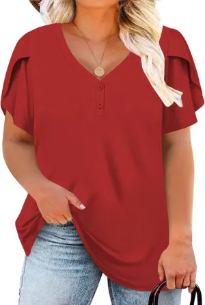 DOLNINE Womens Plus-Size Tops Petal Short Sleeve Shirts Summer Casual V Neck Loose Tee