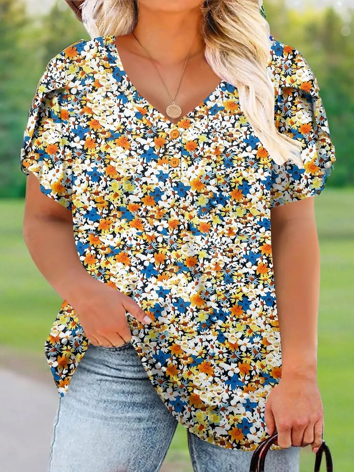 DOLNINE Womens Plus-Size Tops Petal Short Sleeve Shirts Summer Casual V Neck Loose Tee