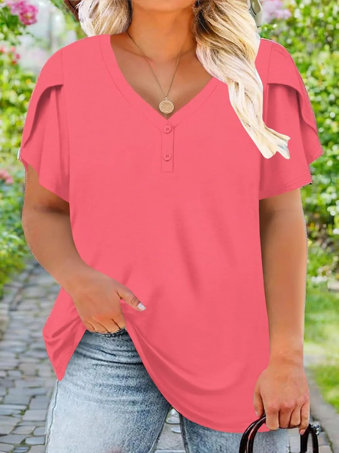 DOLNINE Womens Plus-Size Tops Petal Short Sleeve Shirts Summer Casual V Neck Loose Tee