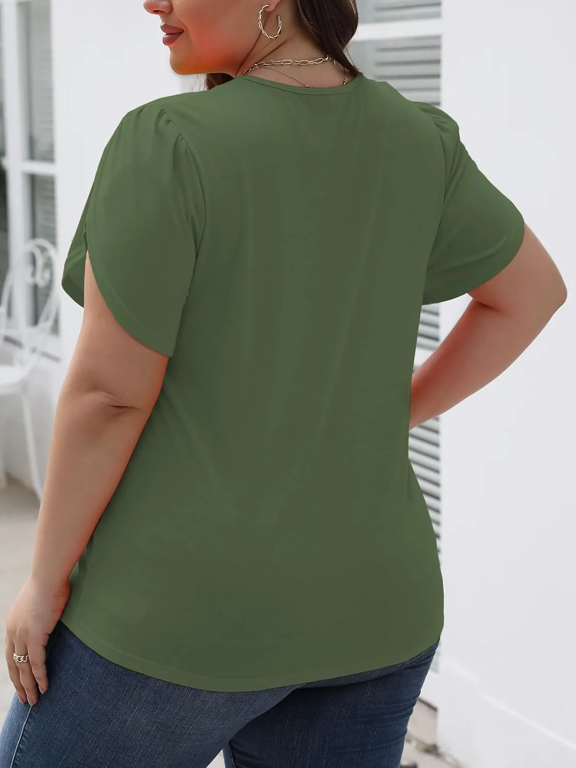 DOLNINE Womens Plus-Size Tops Petal Short Sleeve Shirts Summer Casual V Neck Loose Tee