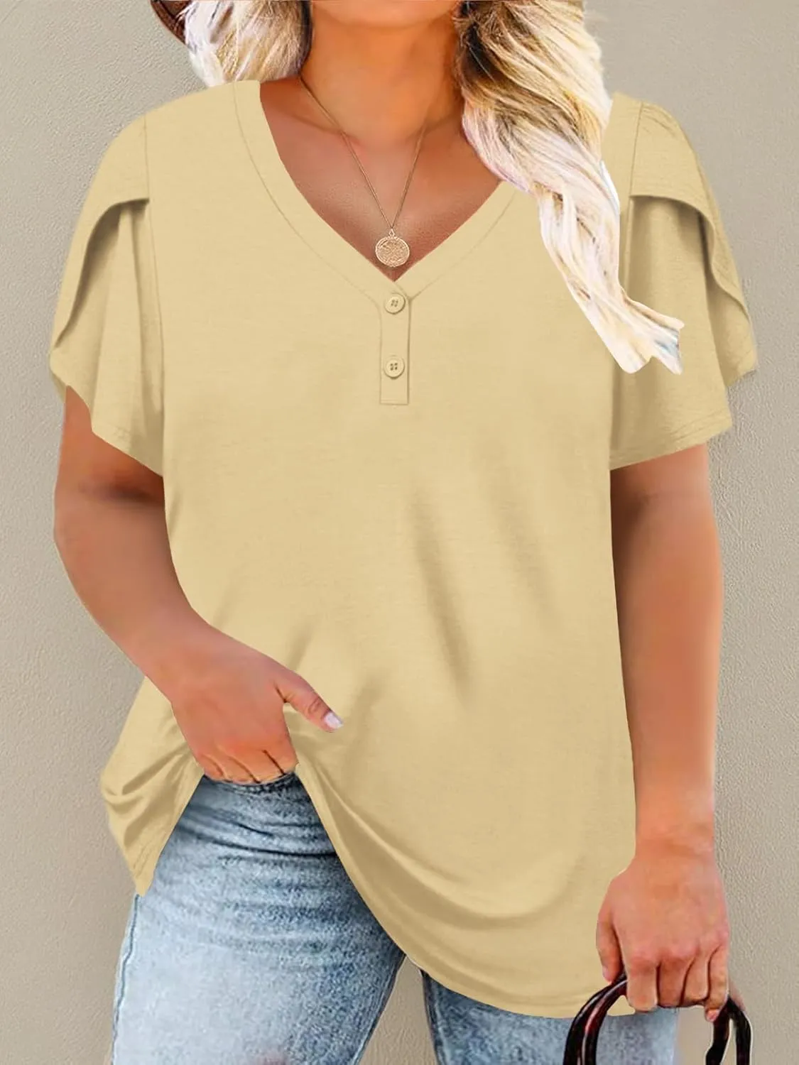 DOLNINE Womens Plus-Size Tops Petal Short Sleeve Shirts Summer Casual V Neck Loose Tee