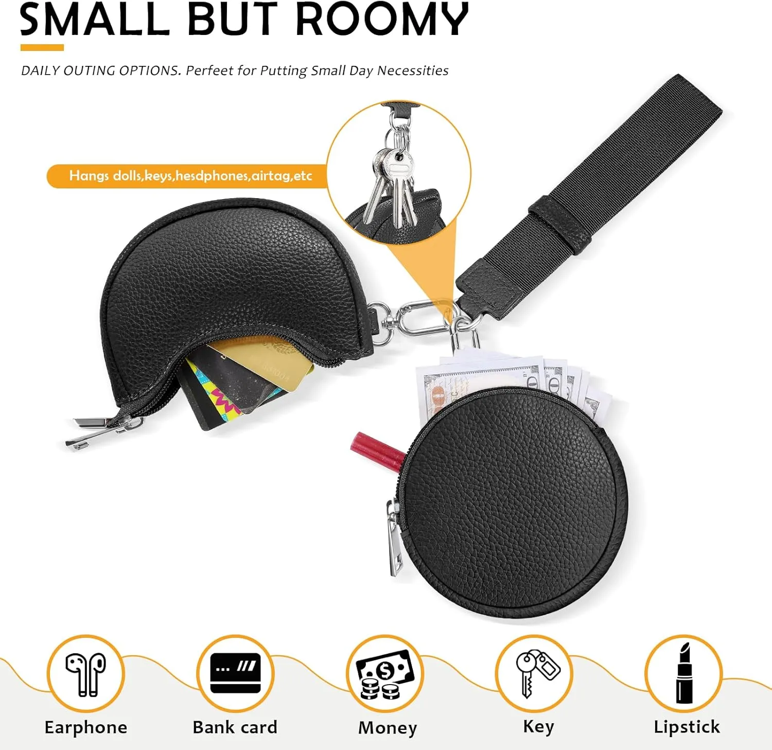 Dual Pouch Wristlet Keychain Wallet Double keychain wallets Mini Pouch Coin Purse Women Coin Detachable Wrist Zip Bag (Black)