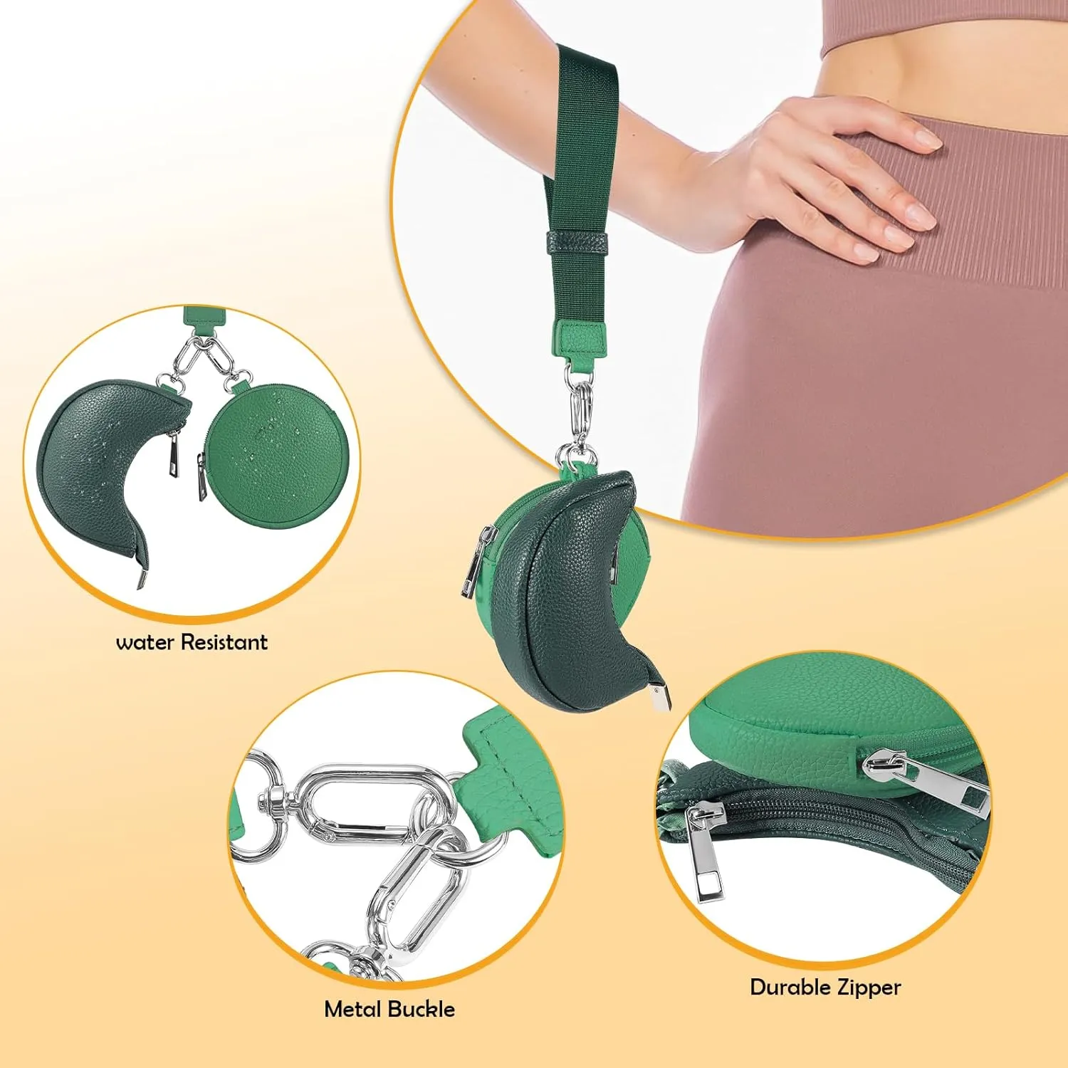 Dual Pouch Wristlet Keychain Wallet Double keychain wallets Mini Pouch Coin Purse Women Coin Detachable Wrist Zip Bag (Green)