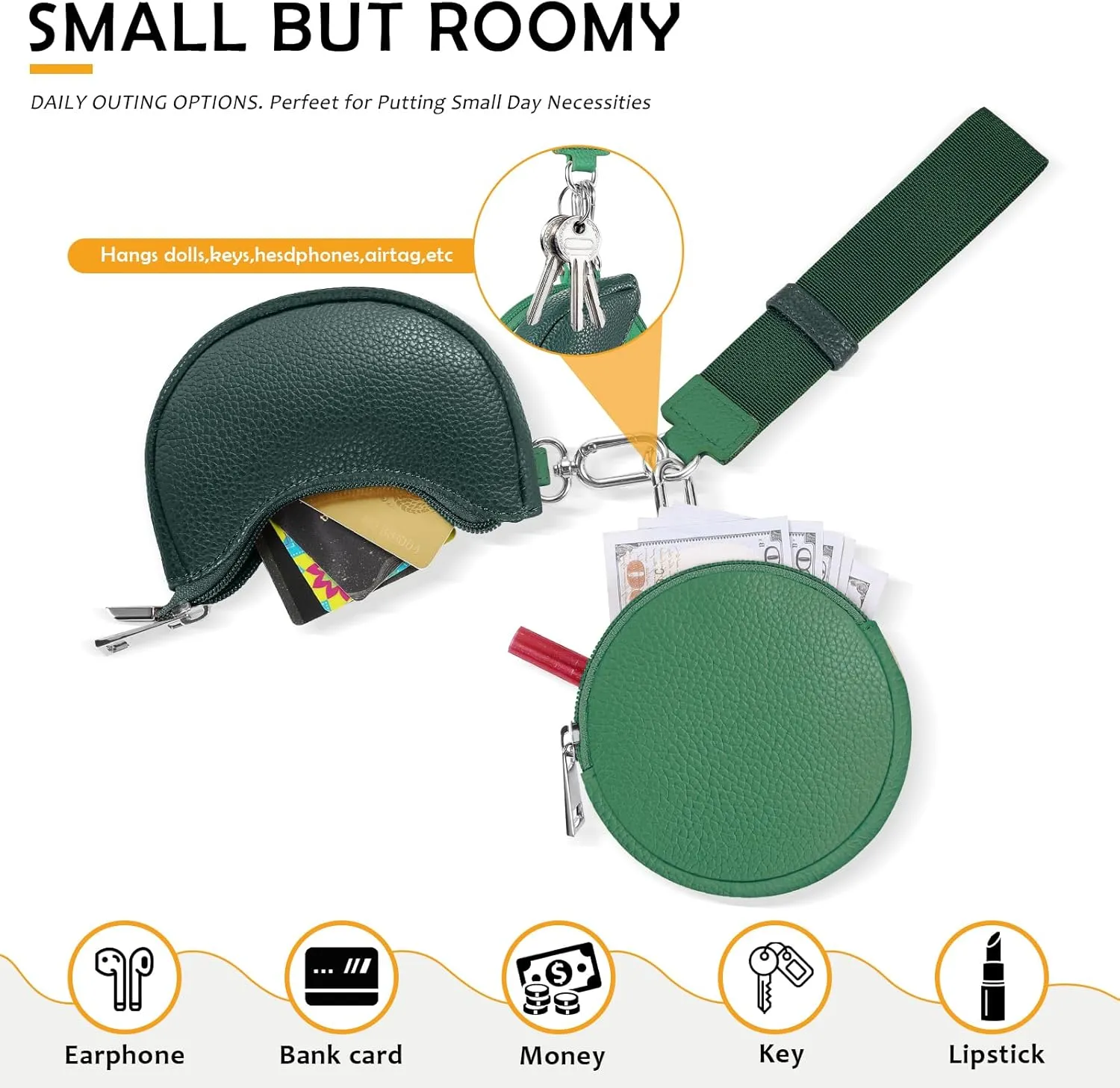 Dual Pouch Wristlet Keychain Wallet Double keychain wallets Mini Pouch Coin Purse Women Coin Detachable Wrist Zip Bag (Green)