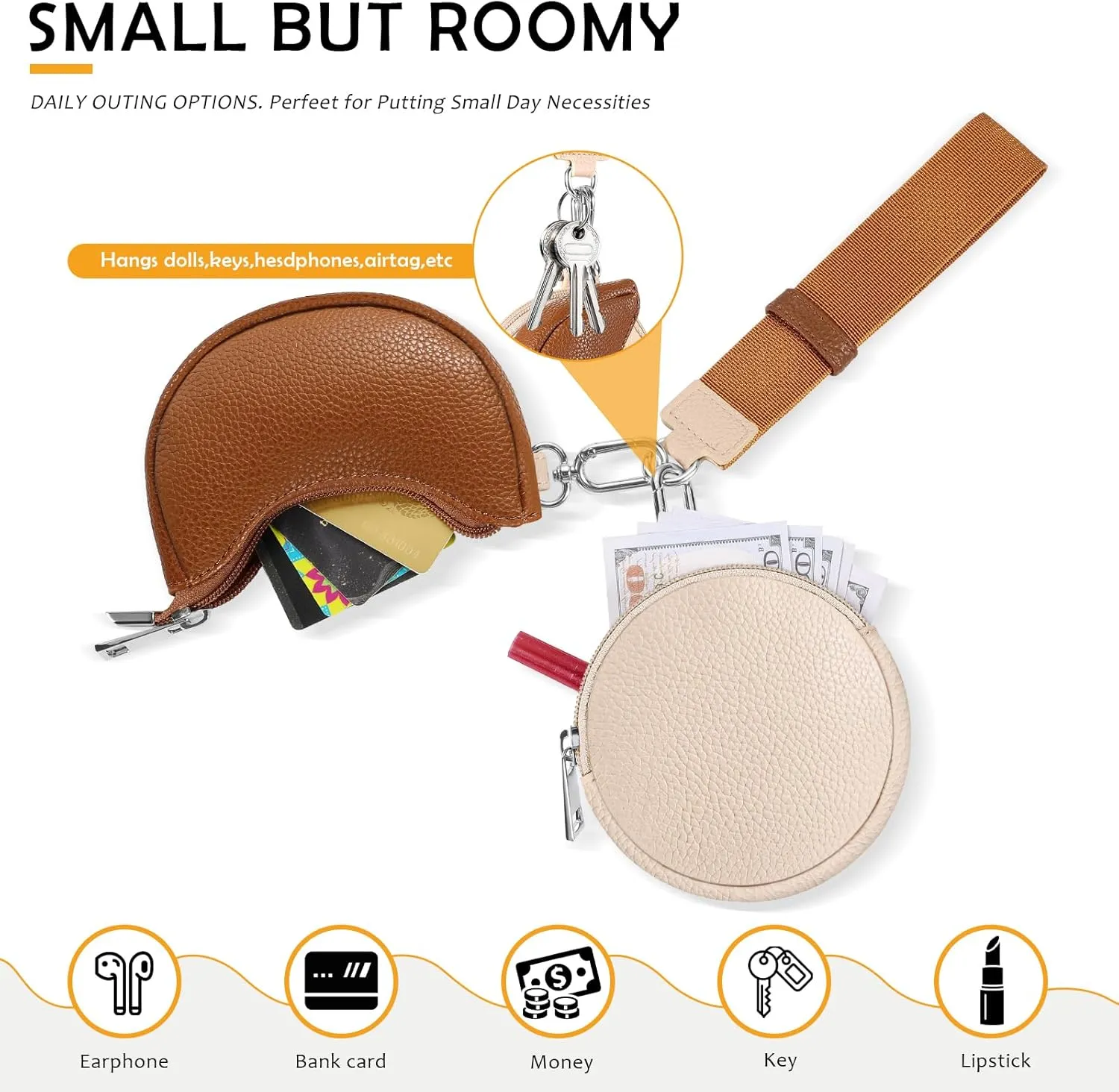 Dual Pouch Wristlet Keychain Wallet Double keychain wallets Mini Pouch Coin Purse Women Coin Detachable Wrist Zip Bag (Pinkg&Brown)