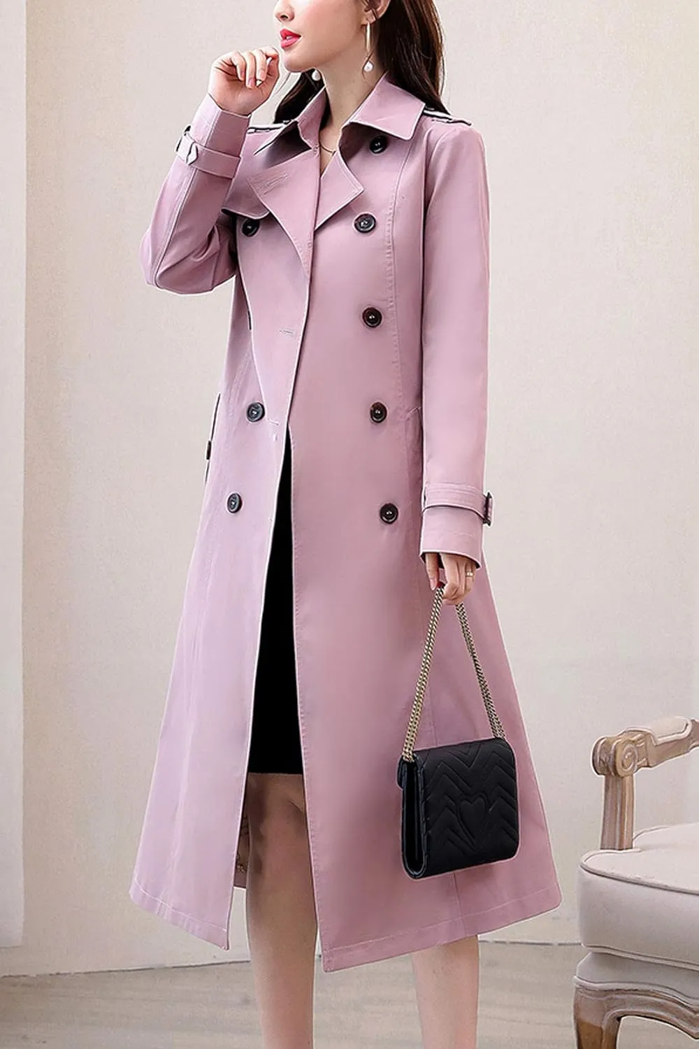 ebossy Women's Classic Double Breasted Midi-Length Trench Coat with Belt