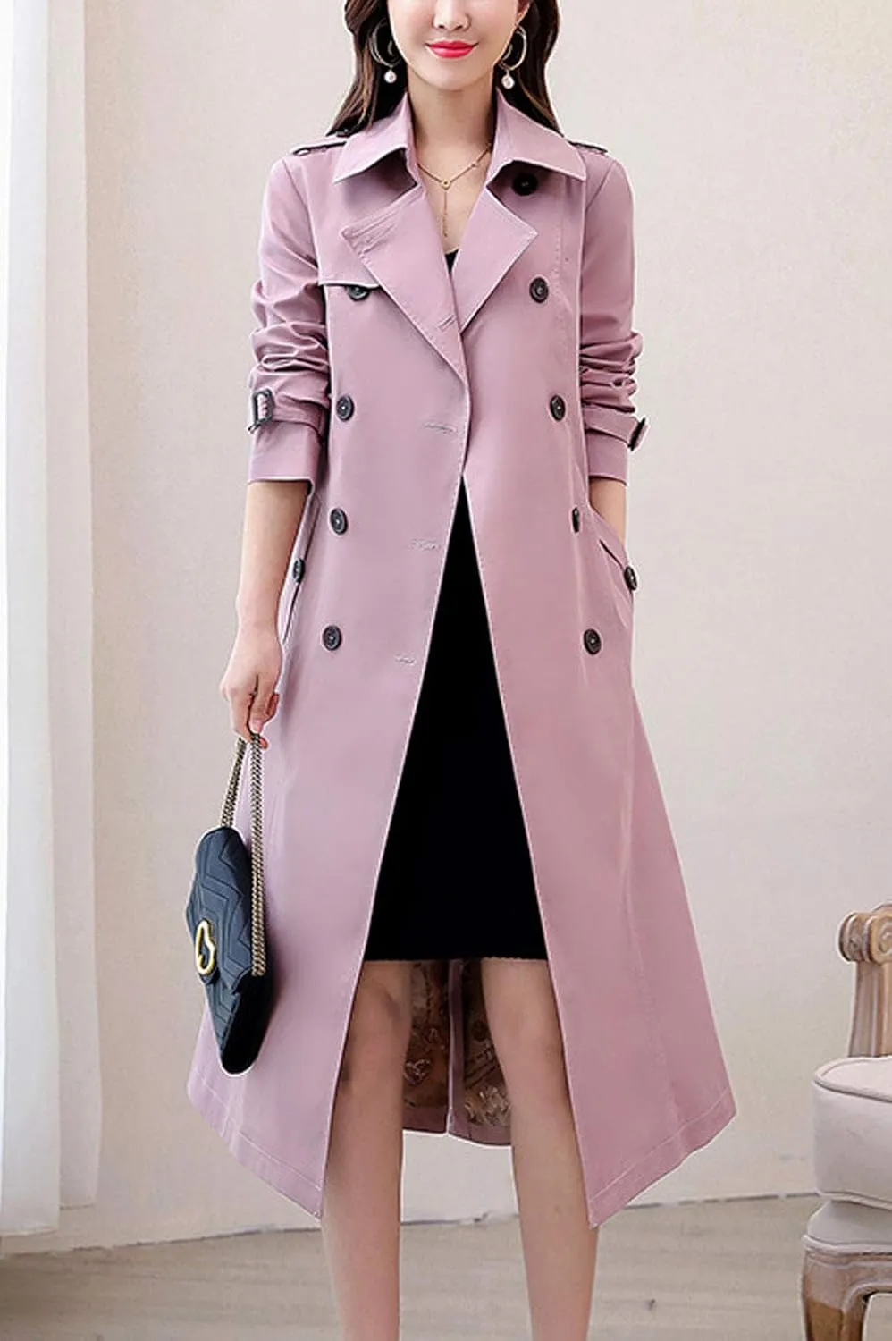 ebossy Women's Classic Double Breasted Midi-Length Trench Coat with Belt