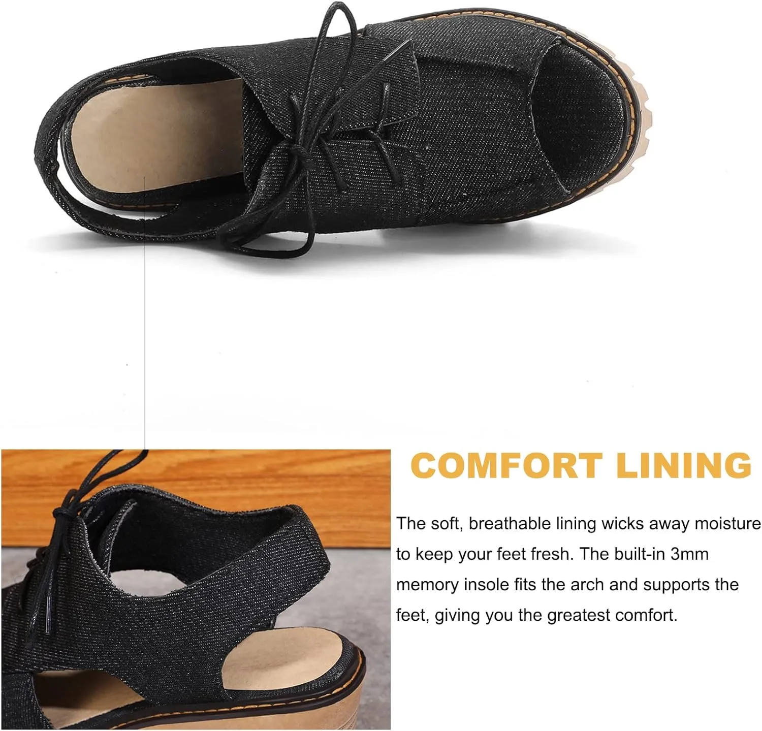 EFTCAL Women's Open Toe Cutout Wedge Sandals,Lace Up Chunky Heel Platform Denim Sandals with Arch Support,Fish Mouth Round Toe Orthopedic Casual High Heel Sandals