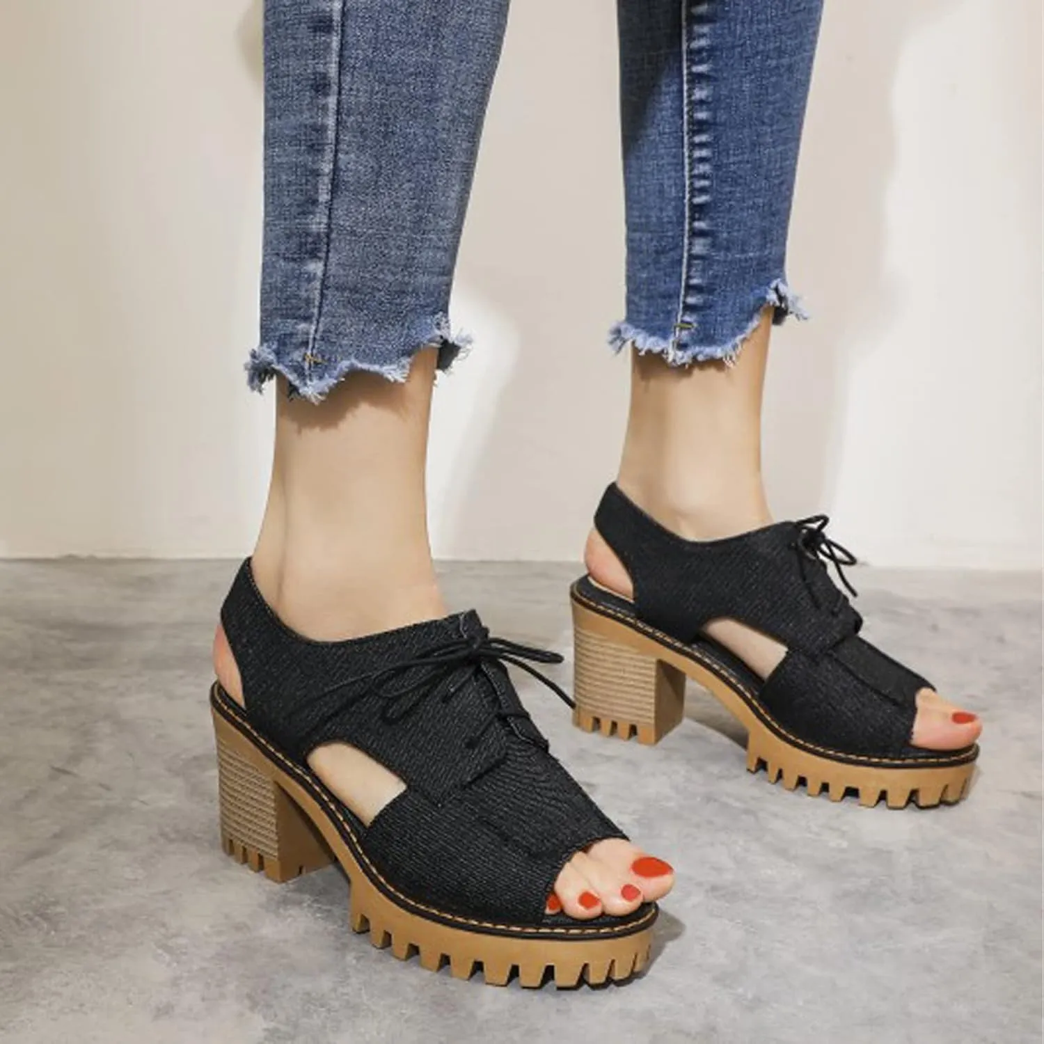 EFTCAL Women's Open Toe Cutout Wedge Sandals,Lace Up Chunky Heel Platform Denim Sandals with Arch Support,Fish Mouth Round Toe Orthopedic Casual High Heel Sandals