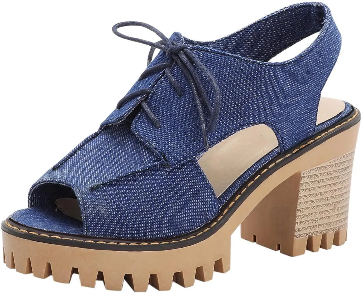 EFTCAL Women's Open Toe Cutout Wedge Sandals,Lace Up Chunky Heel Platform Denim Sandals with Arch Support,Fish Mouth Round Toe Orthopedic Casual High Heel Sandals