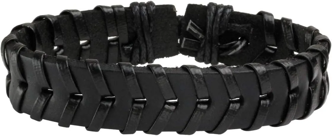 Eigso Wooden Bead PU Leather Cuff Bracelet Bangle for Men Women Woven Handmade Snap Adjustable Wrap