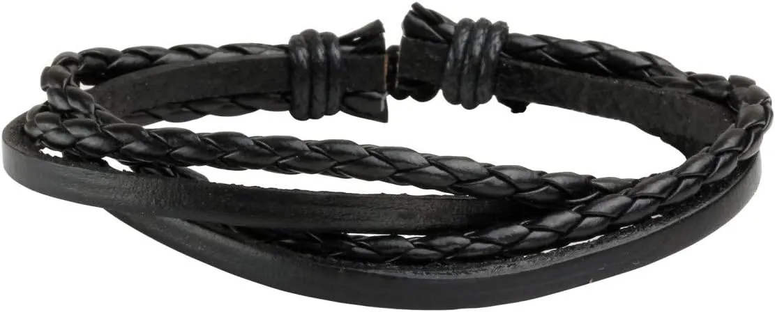 Eigso Wooden Bead PU Leather Cuff Bracelet Bangle for Men Women Woven Handmade Snap Adjustable Wrap