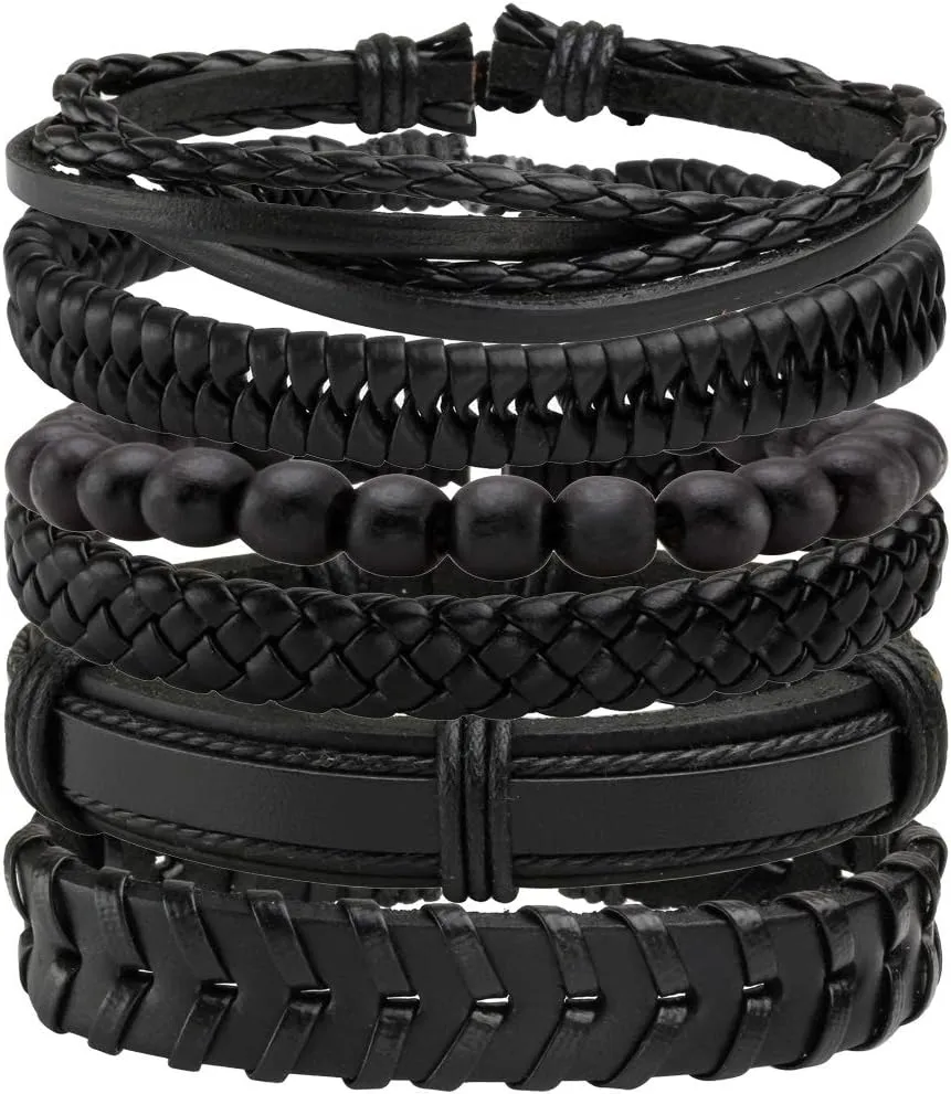 Eigso Wooden Bead PU Leather Cuff Bracelet Bangle for Men Women Woven Handmade Snap Adjustable Wrap