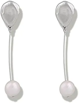 Elegant Drop Freshwater Peals Long Earrings for Women Brinco Hanging Thin Bar Earrings Minimalist Hammered Earrings