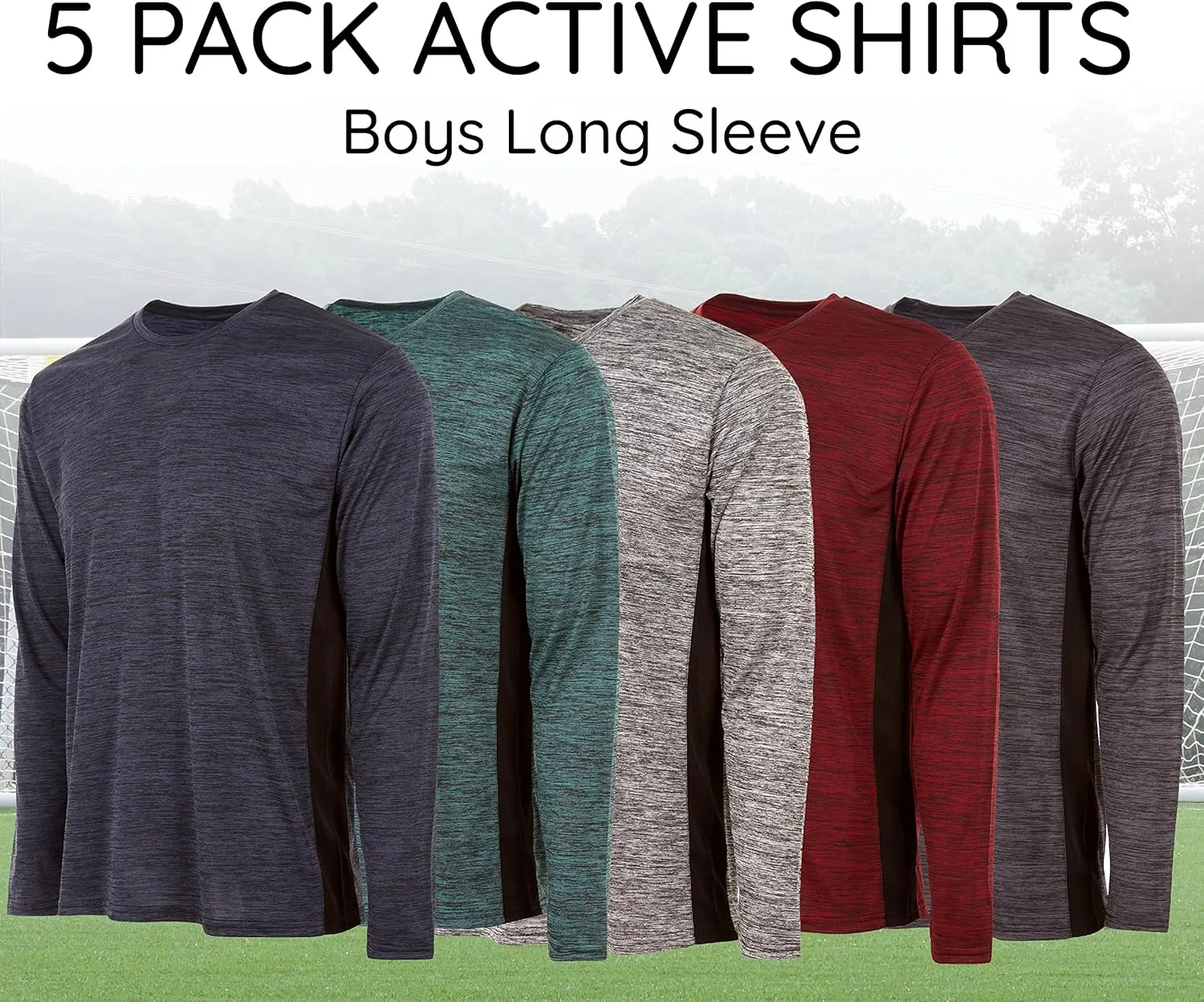 Essential Elements Boys Active Shirt - Quick-Dry Athletic Workout Training Stretch Crew Neck Long Sleeve Top 5 Pack
