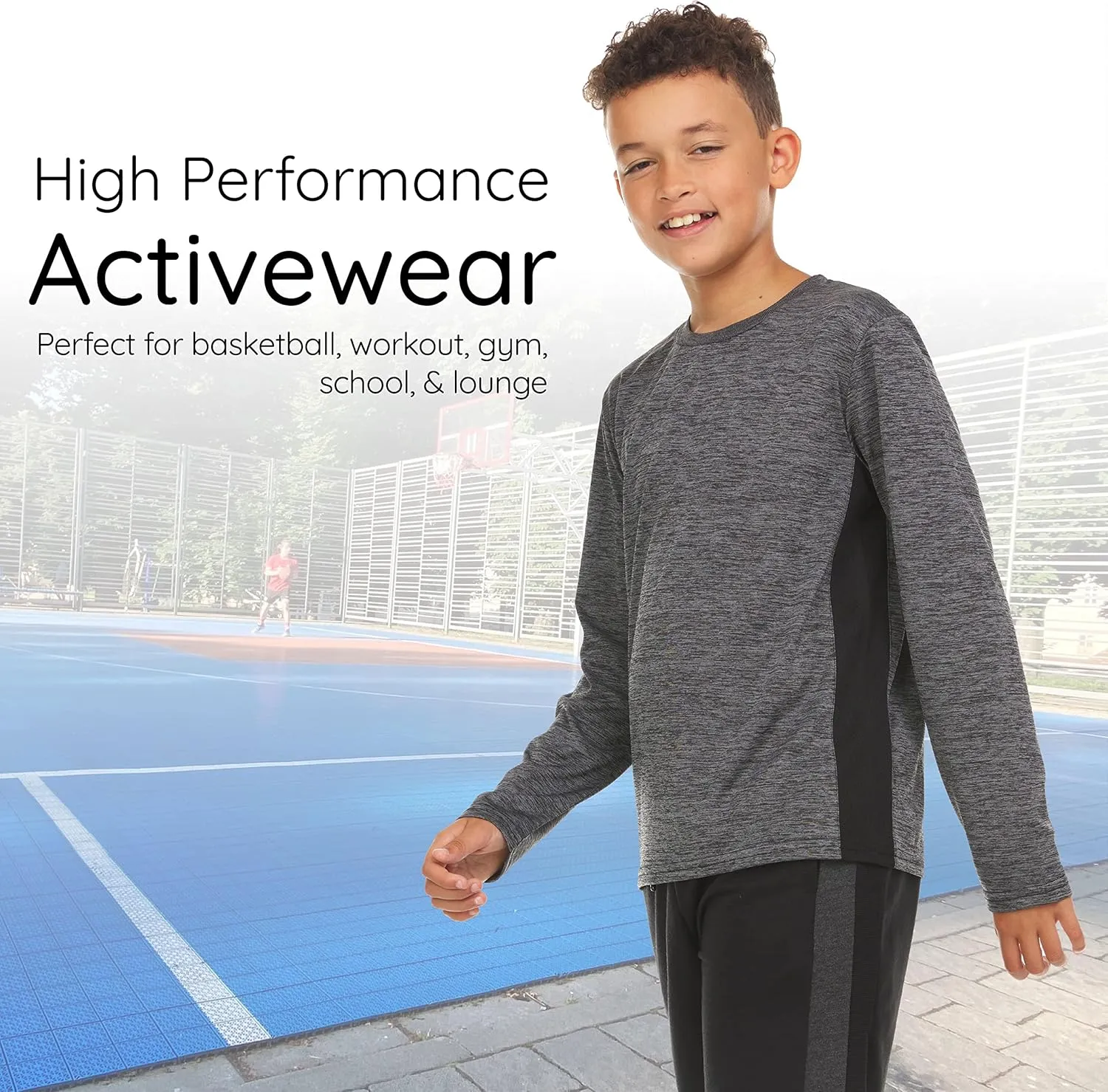 Essential Elements Boys Active Shirt - Quick-Dry Athletic Workout Training Stretch Crew Neck Long Sleeve Top 5 Pack